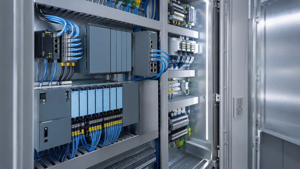 PLC, I/O and network components in an industrial control cabinet