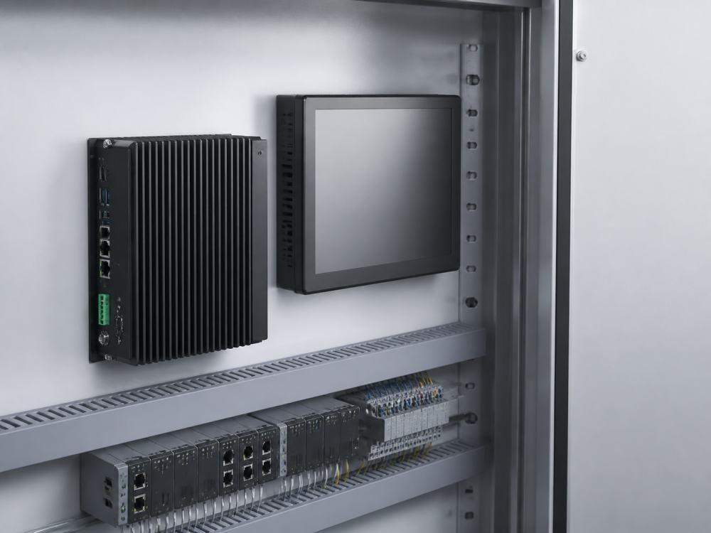 Fanless industrial computer and network hardware inside a cabinet