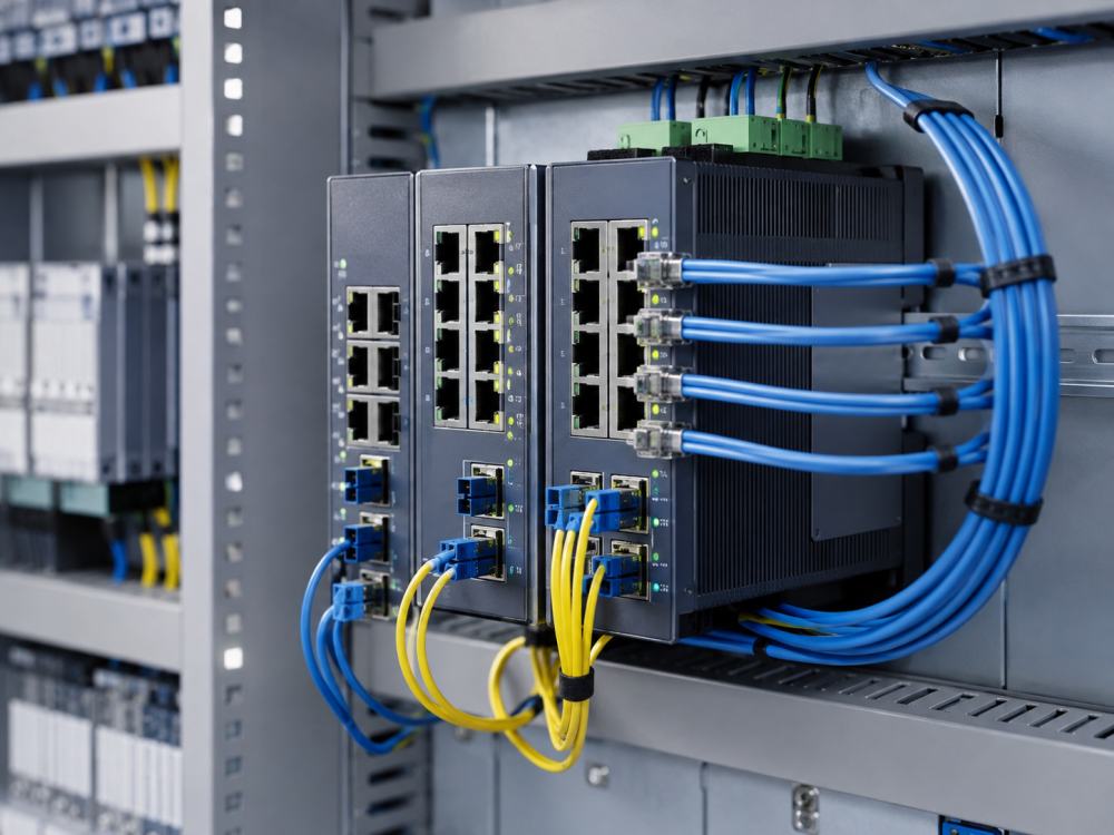Industrial network switches and connected field cables in a cabinet