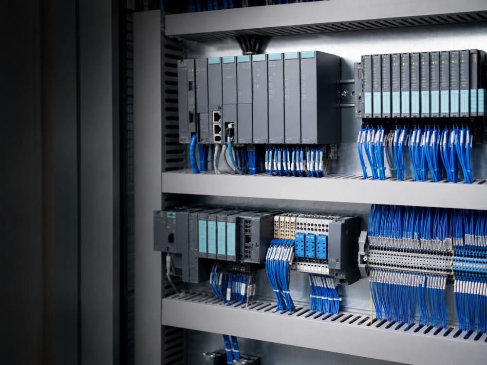 PLC controllers and I/O modules inside an industrial control cabinet