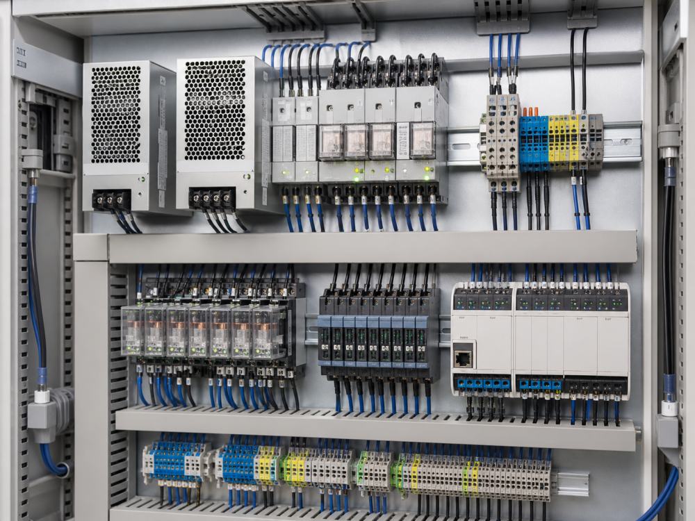 Automation power supplies, relays and connection components in a cabinet
