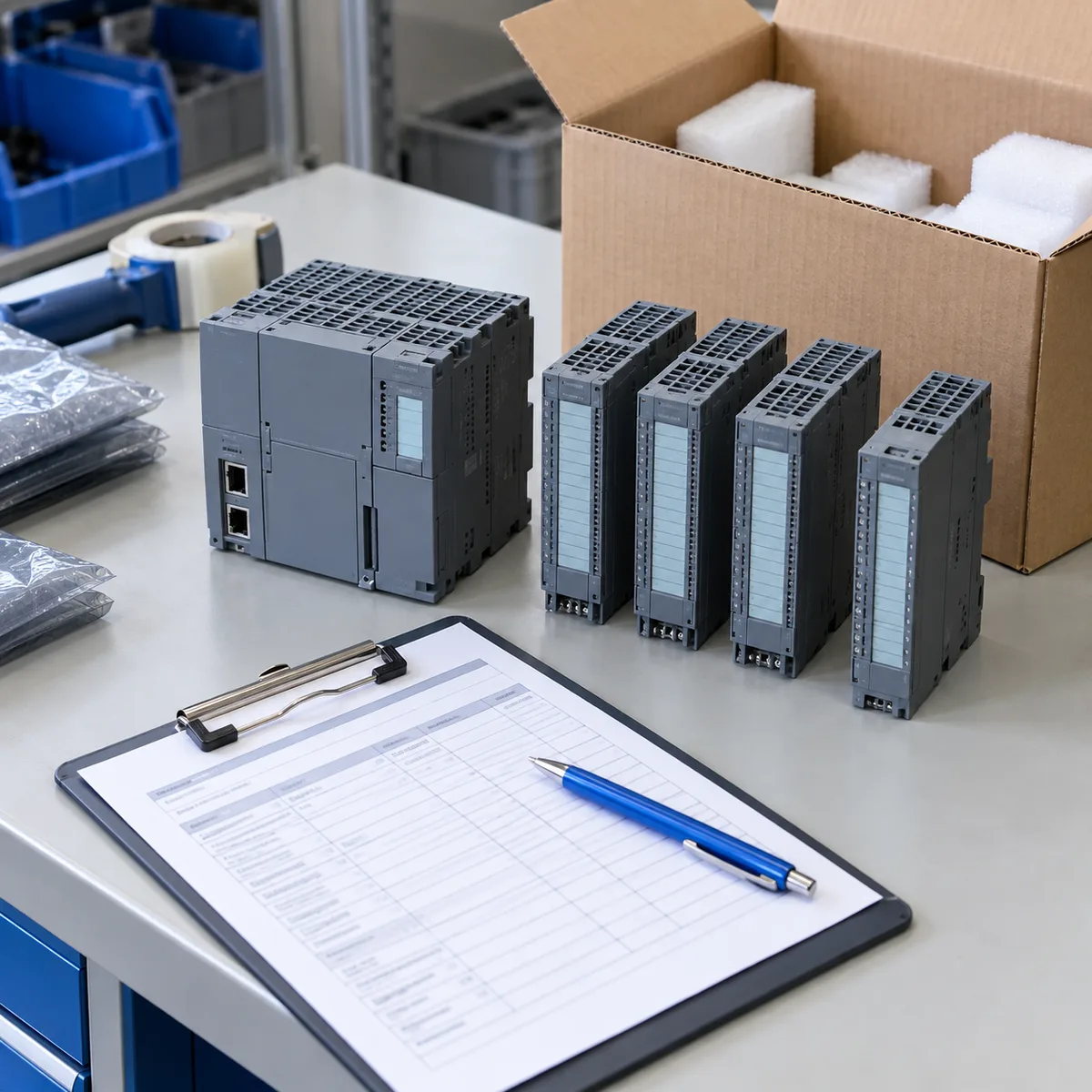 Illustration of PLC and I/O modules with a packing checklist and protective packaging