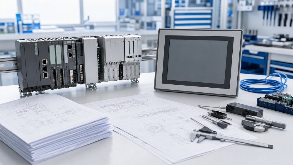 Modul PLC, panel HMI, dan dokumen skema teknis di area kerja pemeliharaan
